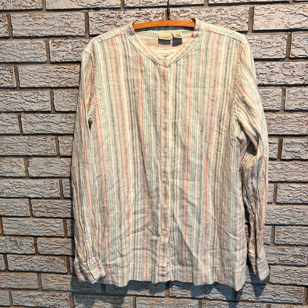 LL Bean Womens XL Linen Band Collar Striped Long Sleeve Button Down Shirt OGYB9